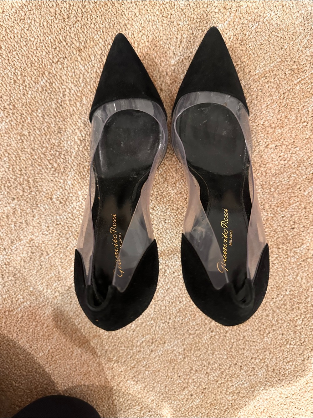 Gianvito Rossi Black Suede Pointed-Toe D'Orsay Pumps with Clear Panels